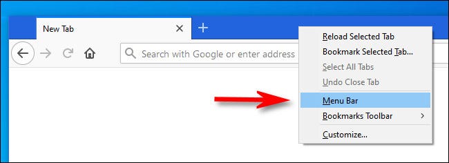 Al Firefox, feu clic amb el botó dret a la barra de pestanyes i marqueu "Barra de menú".