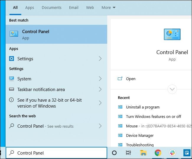 Khởi động Control Panel từ Start Menu trong Windows 10