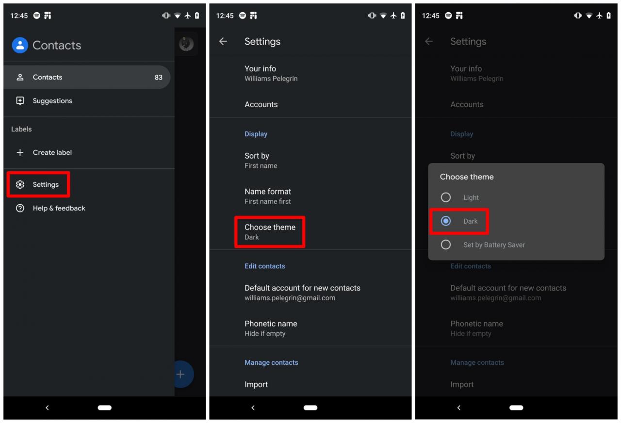 Tema gelap di Google Kontak