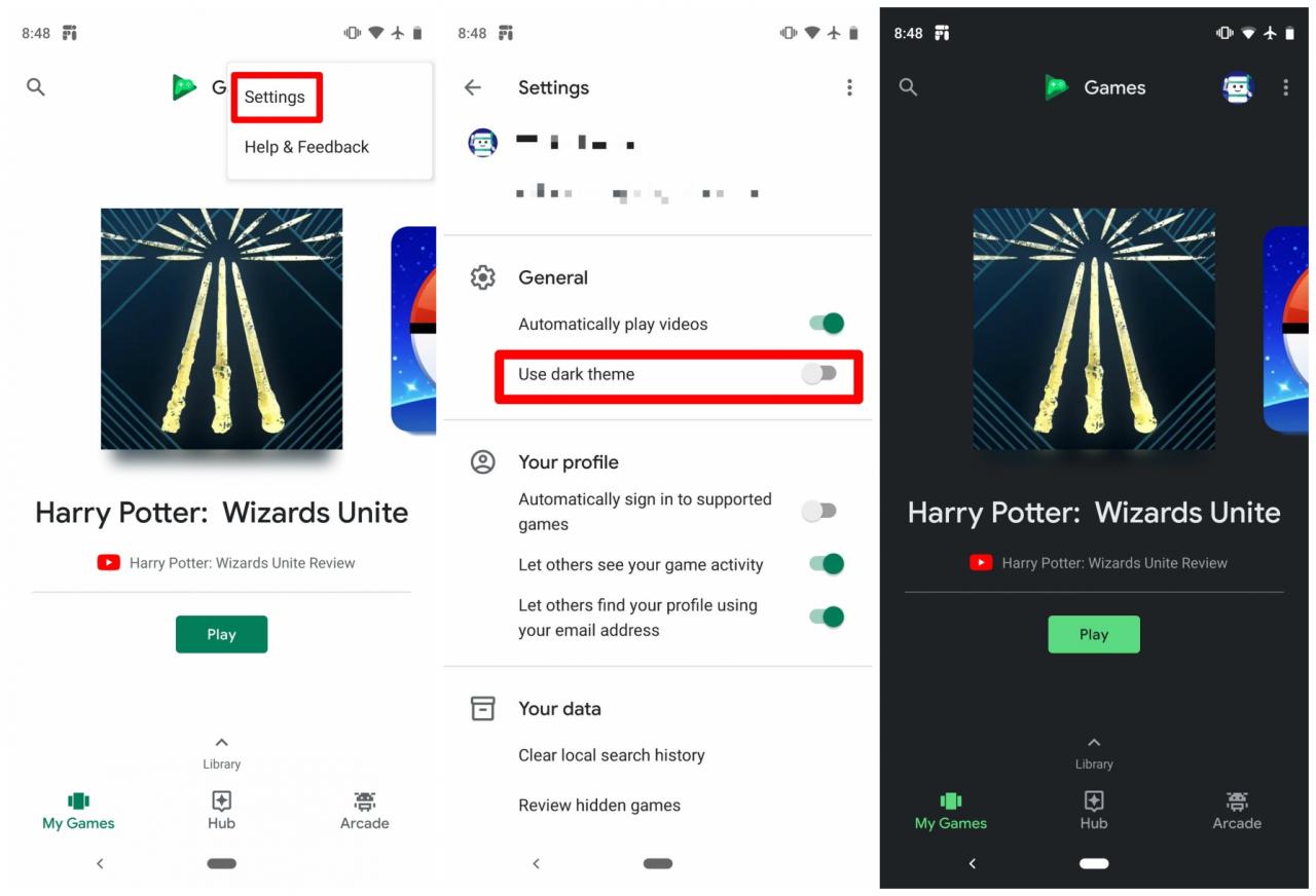 Google Play Oyunlar'da karanlık tema