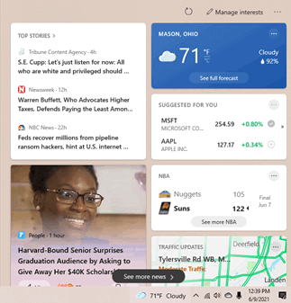 Weer en nuus in die taakbalk van Windows 10
