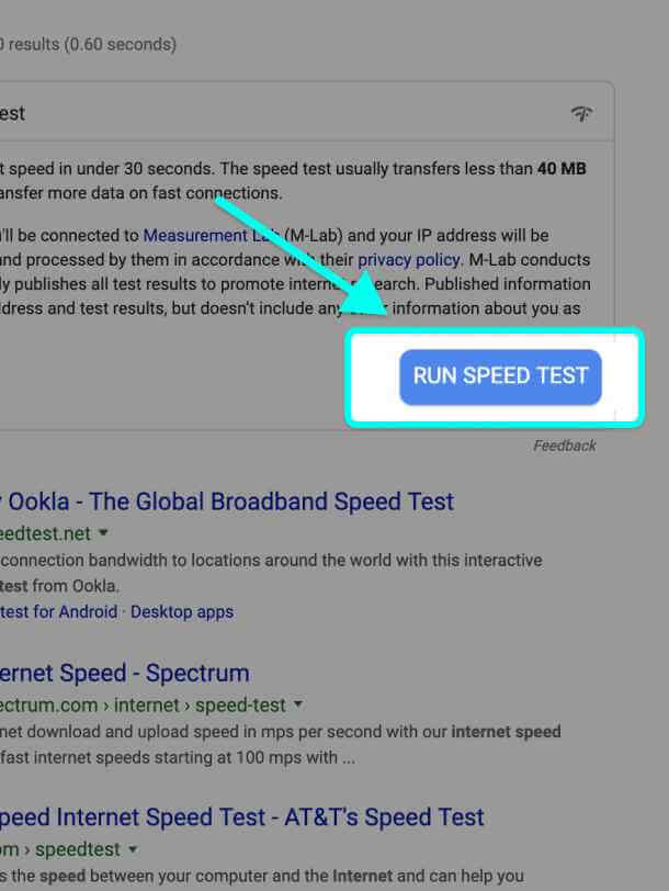 انقر فوق الزر الأزرق "Run Speed Test" لتشغيل اختبار السرعة.