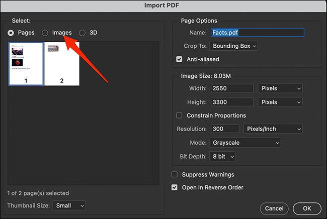 حدد علامة التبويب "الصور" في نافذة "استيراد PDF" في Photoshop.