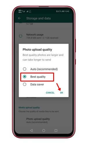 ພາຍໃຕ້ຄຸນະພາບການອັບໂຫຼດຮູບ, ເລືອກຄຸນນະພາບທີ່ດີທີ່ສຸດແລະກົດປຸ່ມຕົກລົງ