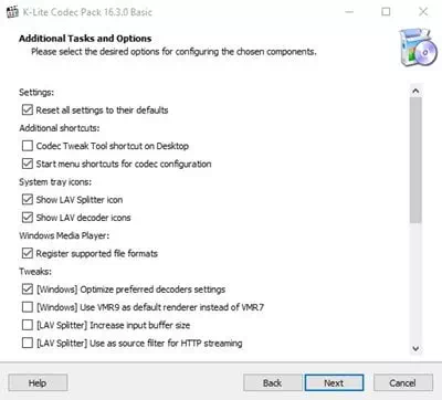 K-Lite Codec Pack ተጨማሪ ተግባሮችን እና አማራጮችን ይምረጡ