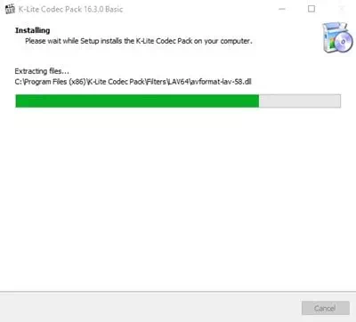 K-Lite Codec Pack انتظر بضع ثوان حتى يتم تثبيت حزمة الترميز على نظامك