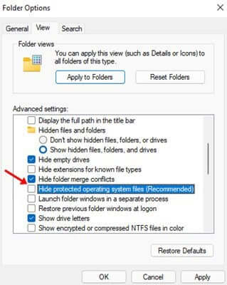 Windows 11 اخفاء ملفات نظام التشغيل المحمية