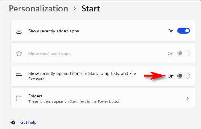 Sinthani chosinthira pafupi ndi "Onetsani zinthu zomwe zatsegulidwa posachedwa mu Start, Jump mind, ndi File Explorer" ku "Off" zomwe zikutanthauza kuti Onetsani zinthu zomwe zatsegulidwa posachedwa pamndandanda wa Start, Jump mind, ndi File Explorer