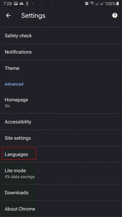 Scroll down to the Language setting