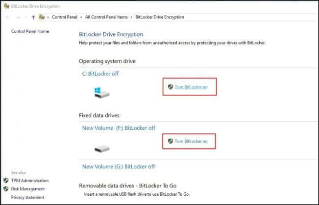 انقر فوق تشغيل BitLocker