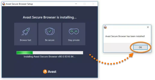 انتظر حتى يقوم الإعداد بتثبيت Avast Secure Browser على جهاز الكمبيوتر الخاص بك ، ثم انقر فوق موافق