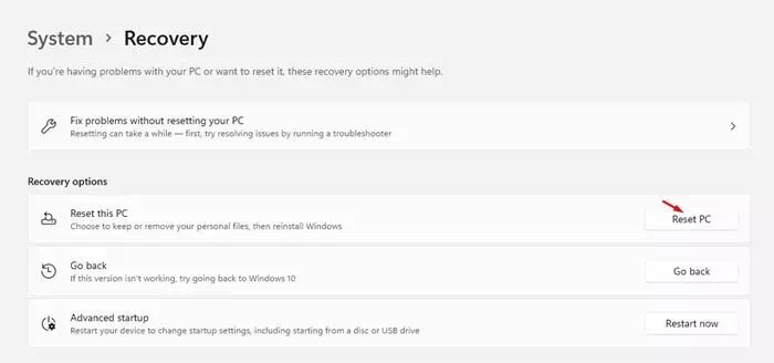 Reset PC option ကိုနှိပ်ပါ