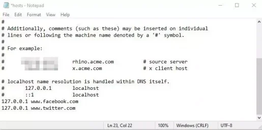 किसी वेबसाइट को ब्लॉक करने के लिए, आपको 127.0.0.1 टाइप करना होगा और उसके बाद साइट का नाम लिखना होगा