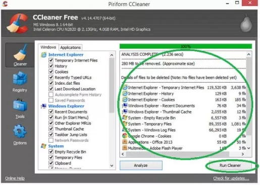 عرض جميع الملفات التي يمكن حذفها ببرنامج CCleaner 