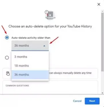 حذف تلقائي للنشاط الأقدم من