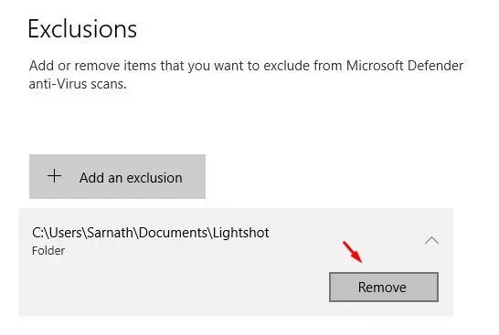 කිසියම් හේතුවක් නිසා ඔබට ඉවත් කිරීමේ ලැයිස්තුවෙන් ගොනුවක් හෝ ෆෝල්ඩරයක් ඉවත් කිරීමට අවශ්ය නම් ඇතුළත් කිරීම ක්ලික් කර ඉවත් කරන්න ක්ලික් කරන්න