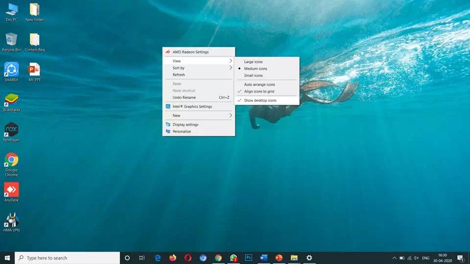 Zobrazit ikony plochy Windows 10