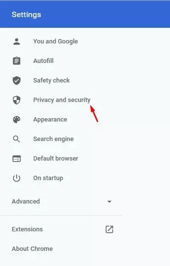 Nyem rau ntawm qhov kev xaiv Privacy and Security