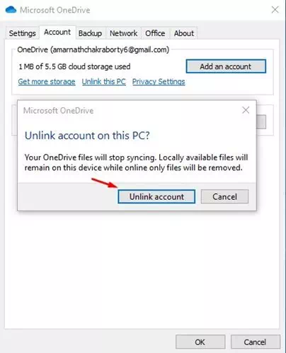 وذلك بالضغط على Unlink this PC OneDrive قم بتأكيد الغاء ربط ون درايف