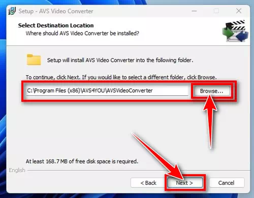 찾아보기 버튼을 클릭하여 Windows에서 AVS Video Converter의 기본 설치 위치를 선택합니다.