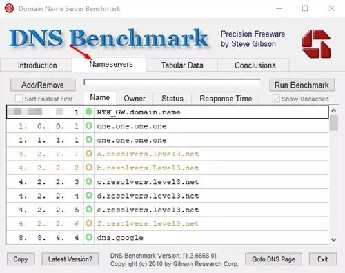 DNS Benchmark انقر الآن على علامة التبويب Nameservers