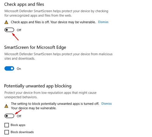 Disable the Check apps and files and Potentially unwanted app blocking