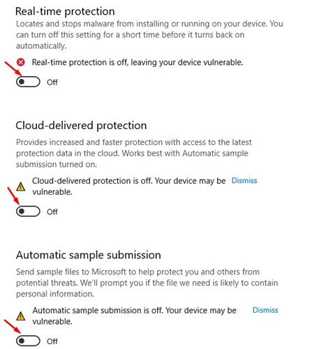 Disable the Real-time protection, Cloud-delivered protection, and Tamper Protection feature