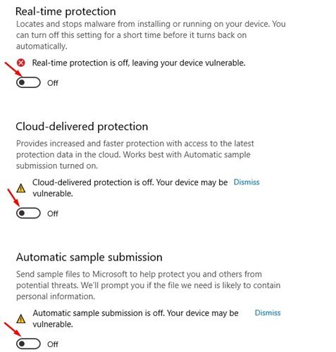 Dezactivați funcția de protecție în timp real, protecția livrată în cloud și protecția împotriva manipulării