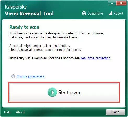 Kaspersky Virus Removal Tool انقر فوق ازر بدء المسح