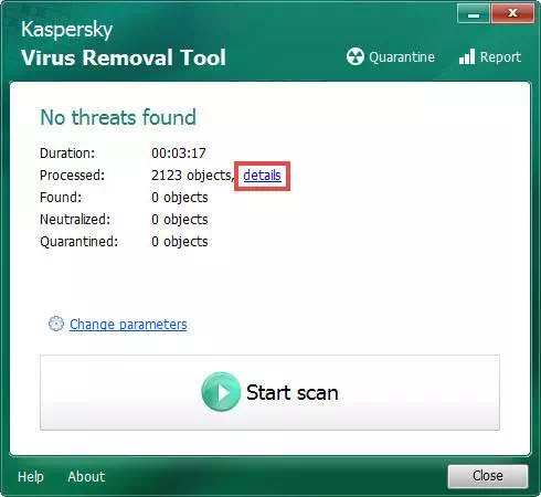 Kaspersky Virus Removal Tool انقر فوق زر التفاصيل للتحقق من نتائج الفحص
