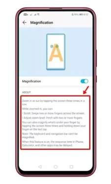 Magnifier يتم عرض تفاصيل استخدام ميزة التكبير على صفحة المكبر
