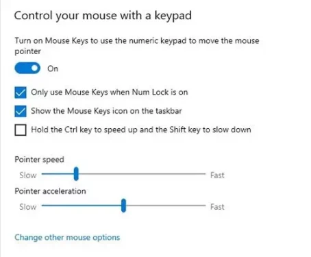 Mouse Keys speed and Mouse keys acceleration