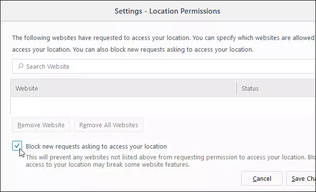 Mozilla Firefox قم بتفعيل حظر الطلبات الجديدة التي تطلب الوصول إلى موقعك