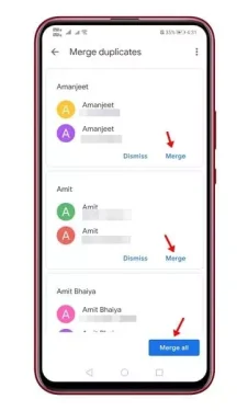 خيار دمج الكل لدمج جميع جهات الاتصال بنقرة واحدة فقط