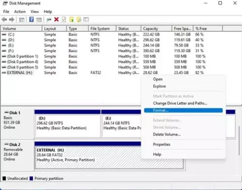 Disk Management utility Format drive