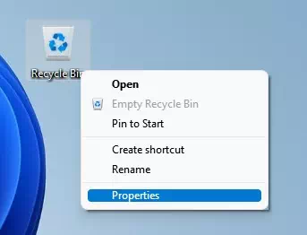 Recycle bin icon on the desktop Properties