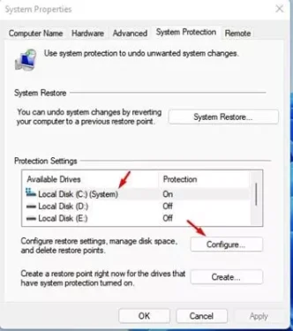 System Properties Restore Point Configure