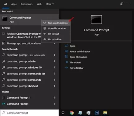 قم بفتح Command Prompt وحدد على Run as Administrator