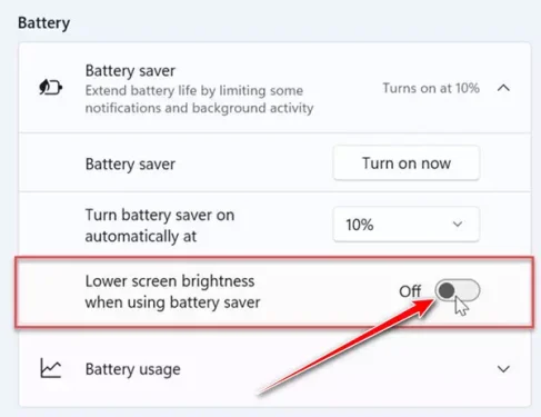 ពន្លឺអេក្រង់ទាប នៅពេលប្រើជម្រើសសន្សំថ្ម