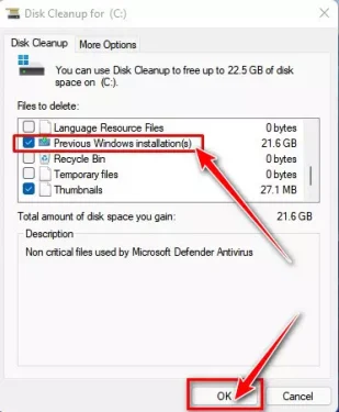 Disk Cleanup Previous Windows installation(s)
