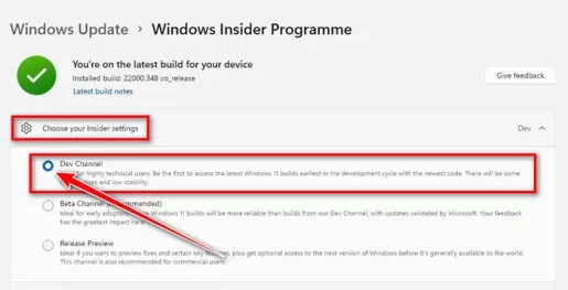 Windows Insider Programme DEV