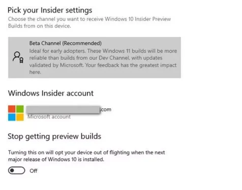 pick your Insider Settings Microsoft account
