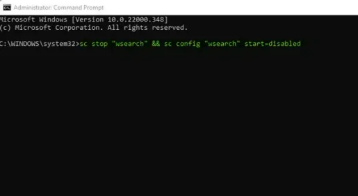 sc stop “wsearch” && sc config “wsearch” start=wyłączone