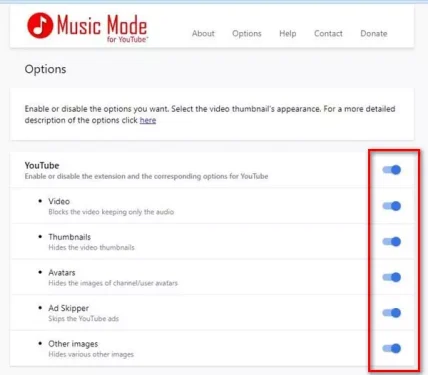 Halaman pengaturan Mode Musik YouTube