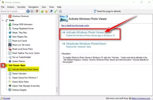 في الجزء الأيسر ، انقر فوق تنشيط Windows Photo Viewer