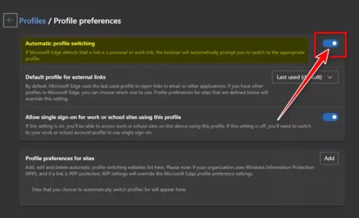 Galluogi'r togl ar gyfer newid proffil yn awtomatig