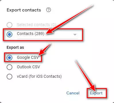 Google CSV နှင့် Export ခလုတ်ကို နှိပ်ပါ။