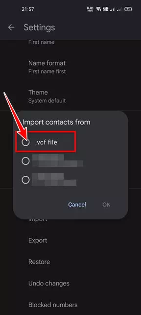 vcf ဖိုင်နှင့် .csv google contacts ဖိုင်ကို ရွေးပါ။