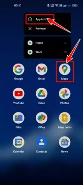 Нажмите и удерживайте значок приложения Google Maps на главном экране и выберите Информация о приложении.