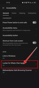 شاشة إمكانية الوصول أو Accessibility ، انقر فوق تطبيق Locker for Whats Chat